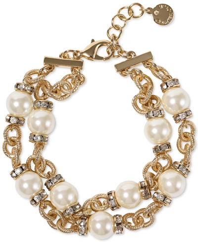 Charter Club Gold-tone Pave Rondelle Bead & Imitation Pearl Double-row Link Bracelet, Created For Macy's In White