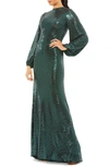 Mac Duggal Metallic Long Sleeve Trumpet Gown In Bottle Green