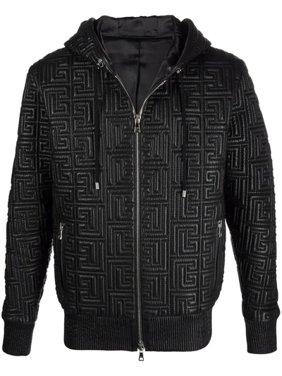 Balmain Men's Leather Quilted Monogram Hoodie In Black