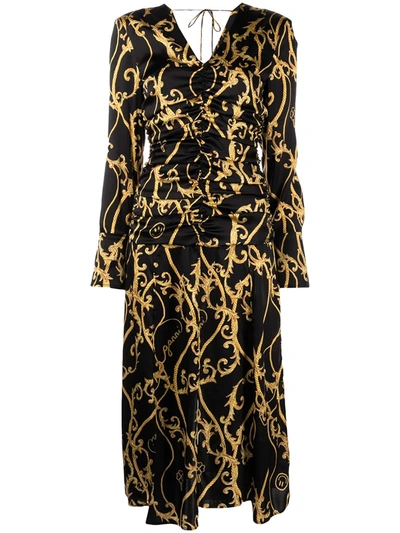 Ganni Black Printed Stretch Satin Ruched Midi Dress In Multi