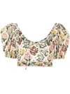Agua By Agua Bendita Palmarosa Cropped Floral-print Organic Cotton-poplin Top In Neutrals