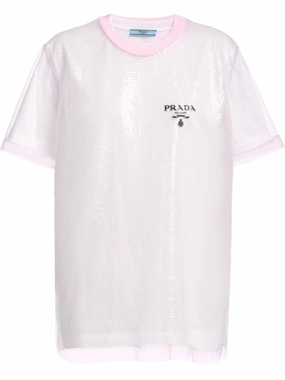 Prada Sequin-embroidered Tulle And Jersey T-shirt In White