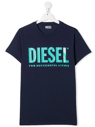 Diesel Kids' Logo-print Round Neck T-shirt In Blue