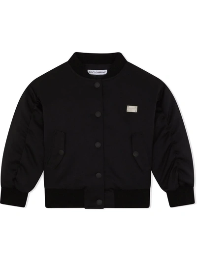 Dolce & Gabbana Kids' Satin Bomber Jacket With Logo Plate In Black