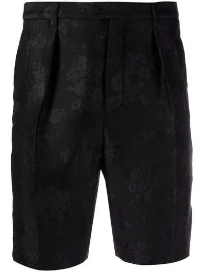 Saint Laurent Rose-jacquard Wool-blend Hopsack Shorts In Black