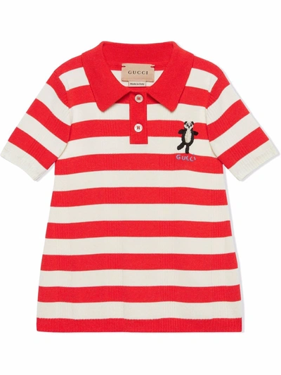 Gucci Babies' Embroidered-panda Striped Polo Dress In White