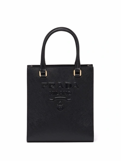 Prada Triangle-logo Small Saffiano Leather Tote Bag In Black