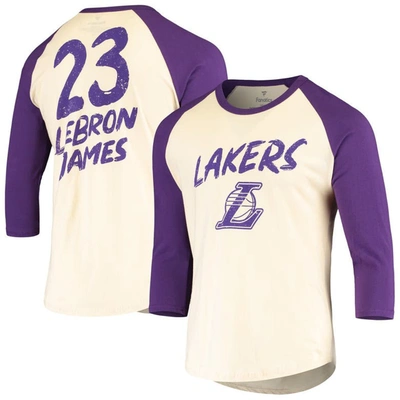 Fanatics Men's Lebron James Cream And Purple Los Angeles Lakers Raglan 3/4 Sleeve T-shirt In Cream,purple