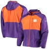 COLUMBIA COLUMBIA PURPLE/ORANGE CLEMSON TIGERS FLASH FORWARD HOODIE FULL-ZIP LIGHTWEIGHT WINDBREAKER