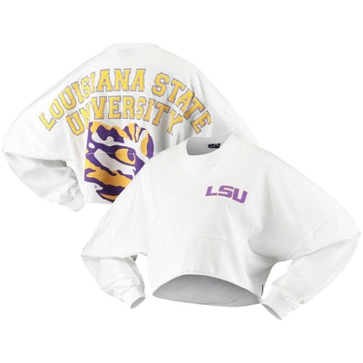 SPIRIT JERSEY WHITE LSU TIGERS RAW HEM CROPPED SPIRIT JERSEY LONG SLEEVE T-SHIRT