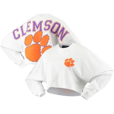 Spirit Jersey Women's White Clemson Tigers Raw Hem Cropped Long Sleeve T-shirt