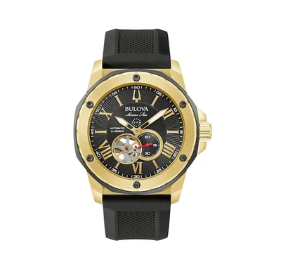 Bulova Men's Automatic Marine Star Black Silicone Strap Watch 45mm In Black,gold Tone