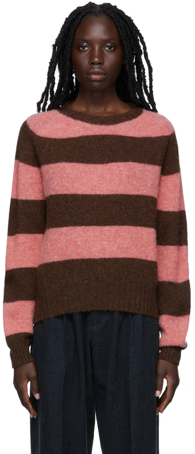 Ymc You Must Create Pink & Brown Jets Lambswool Striped Crewneck Sweater In Pink/brown
