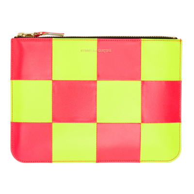 Comme Des Garçons Large Fluo Squares Leather Zip Pouch In Yellow/pink