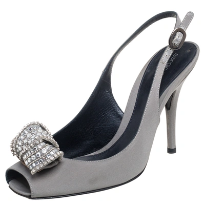 Pre-owned Sergio Rossi Grey Satin Crystal Embellished Knot Peep Toe Slingback Sandals Size 39.5