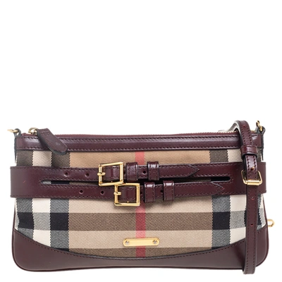 Pre-owned Burberry Burgundy/beige House Check Canvas And Leather Bridle Peyton Crossbody Bag