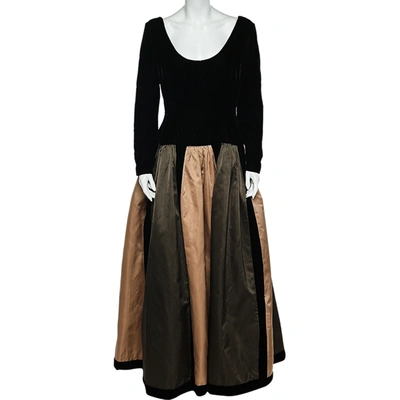 Pre-owned Oscar De La Renta Colourblock Silk & Velvet Long Sleeve Evening Gown L In Multicolor