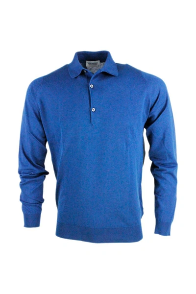 John Smedley Long-sleeved Polo Shirt In Cotton Thread With 3-button Closure In Blue