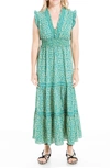 Max Studio Sleeveless Smocked Floral Print Tiered Maxi Dress In Teamuscf