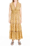 Max Studio Sleeveless Smocked Floral Print Tiered Maxi Dress In Gold/ Blush Quilted Floral