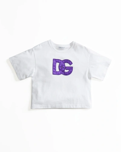 Dolce & Gabbana Kids' Girl's Interlocking Logo Embroidered Cropped T-shirt In White