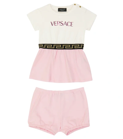 Versace Baby Cotton-blend Dress And Bloomer Set In White Pink