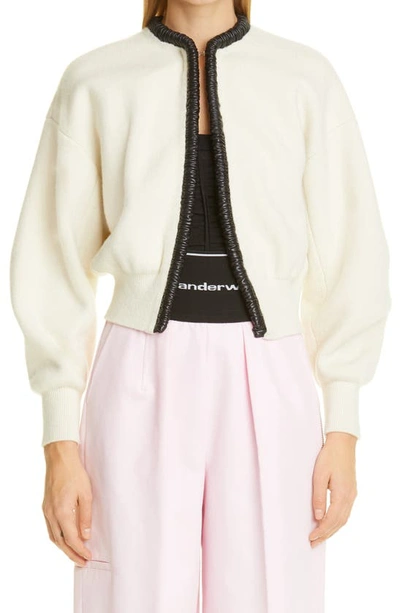 Alexander Wang Ruched Leather Trim Cashmere Cardigan In Ivory