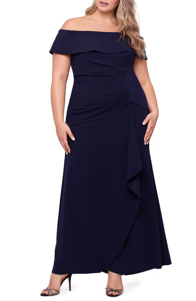 Xscape Long Scuba Crepe Off The Shoulder Dress In Navy