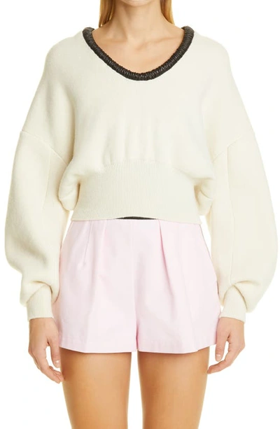 Alexander Wang Scoop Neck Pullover With Ruched Leather Neckline Ivory In White