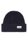 Ganni Wool-blend Ribbed-knit Beanie Hat In Navy