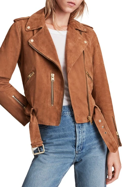 Allsaints Morgan Convertible Suede Biker Jacket In Sand Brown
