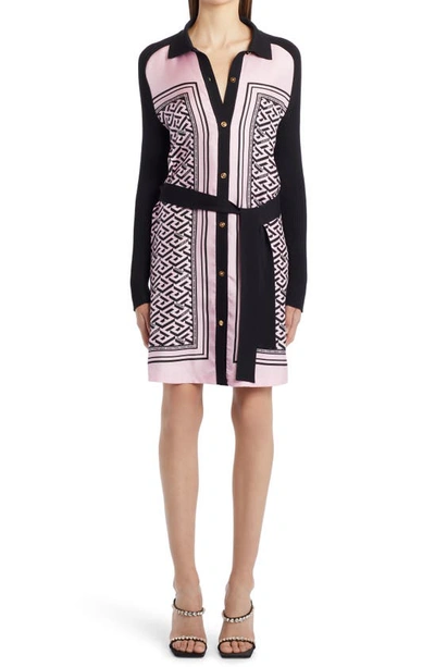 Versace Knit-paneled Logo-print Silk And Cotton-blend Twill Mini Shirt Dress In Black+pink