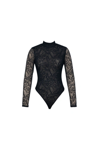 Maddox Recycled Stretch Lace L/s Turtleneck Bodysuit In Black