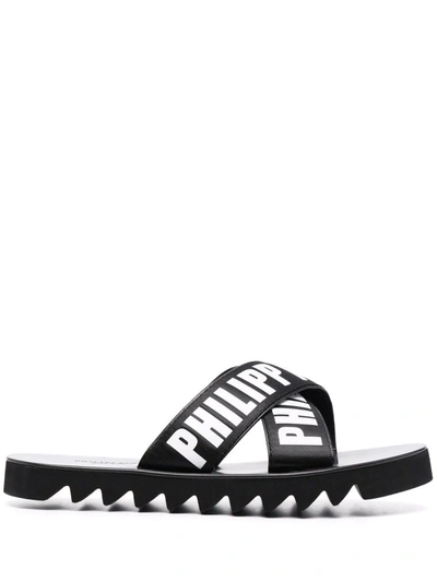 Philipp Plein Tm Gummy Leather Slides In Schwarz