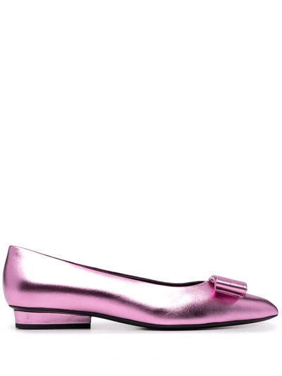Ferragamo Viva Bow Metallic Pointed Toe Flat In Flamingo
