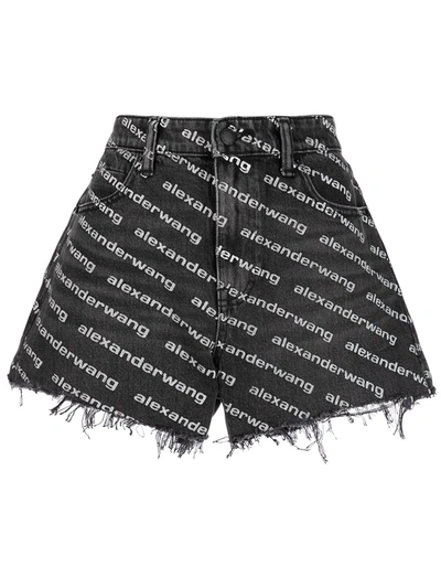 Alexander Wang Omens Grey Aged White Logo-print Bite Denim Shorts In Black