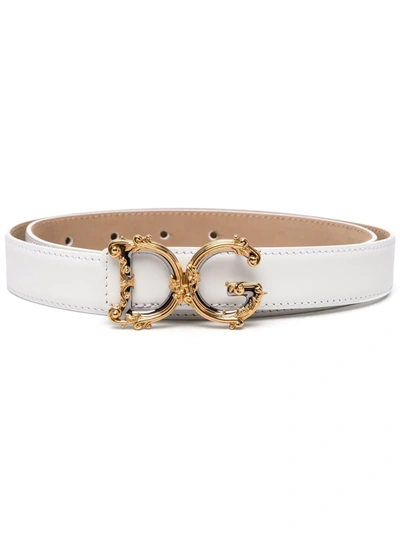 Dolce & Gabbana Leather Belt With Logo Plaque In White