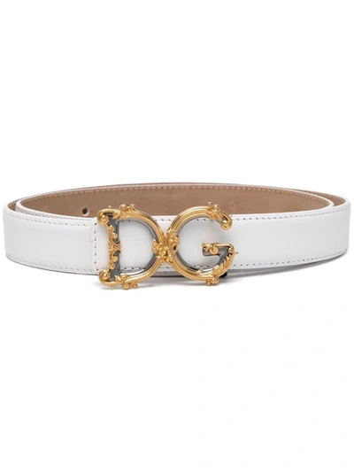 Dolce & Gabbana Leather Belt With Logo Plaque In White