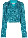 Rotate Birger Christensen Aurelia Cropped Sequined Stretch-jersey Wrap Top In Blau