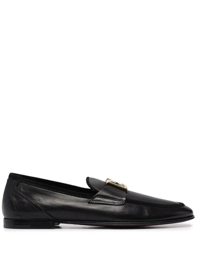 Dolce & Gabbana Interlocking Dg-plaque Leather Loafers In Black