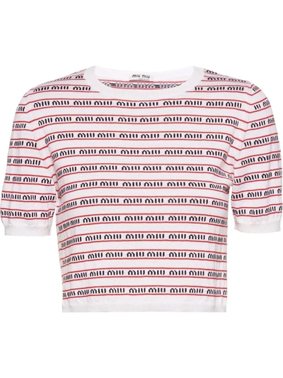 トップス MIU MIU Knit Short Sleevs 42 Miu Miu Jacquard-logo Short-sleeve Knitted Top In White