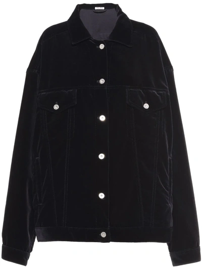 Miu Miu Logo-embroidered Velvet Denim Jacket In Black