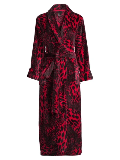 Natori Plush Velour Leopard Wrap Robe With Pockets + Tie In Brocade Red