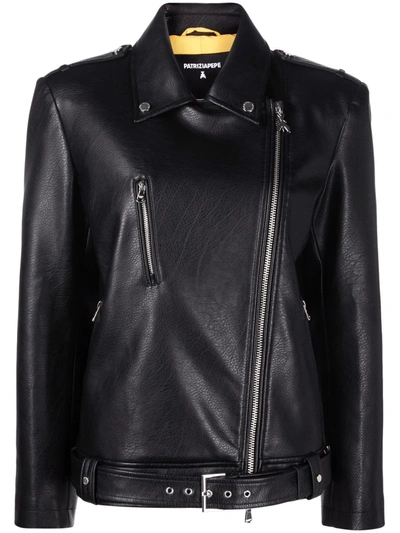 Patrizia Pepe Boxy-fit Asymmetric-zip Biker Jacket In Black