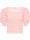 Miu Miu Openwork-knit Cropped Puff-sleeve Top In Pink