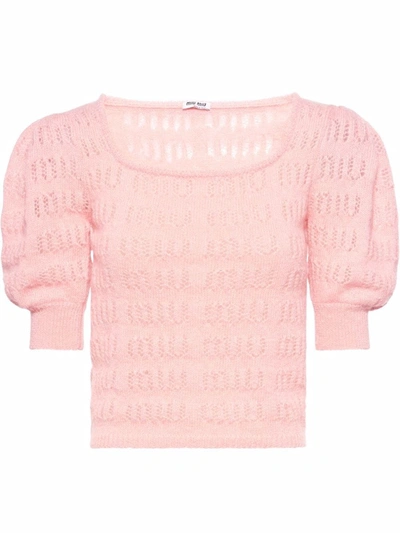 Miu Miu Openwork-knit Cropped Puff-sleeve Top In Nude & Neutrals