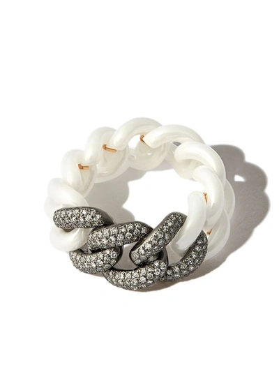 Shay 18kt Black Gold Curb-link Diamond Ring In White Ceramic/white Diamond