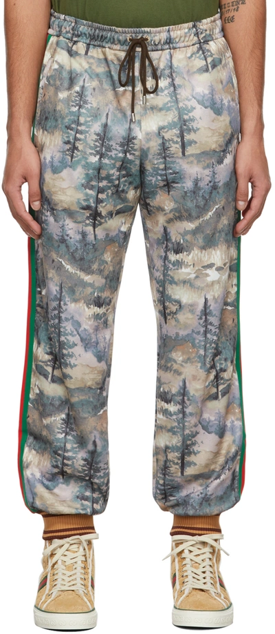 Gucci The North Face Tapered Webbing-trimmed Printed Jersey Sweatpants In Dark Green