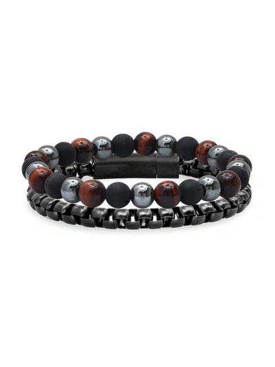 Anthony Jacobs Men's 2-piece Stainless Steel, Black Lava, Hematite, & Red Tiger Eye Beaded Bracelet Set