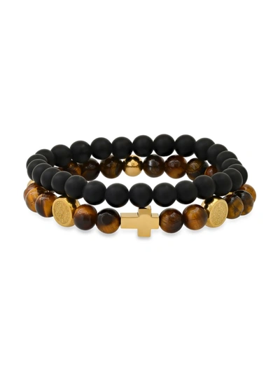 Anthony Jacobs Men's 2-piece Tiger Eye & 18k Goldplated Stainless Steel Beaded Bracelet Set In Neutral